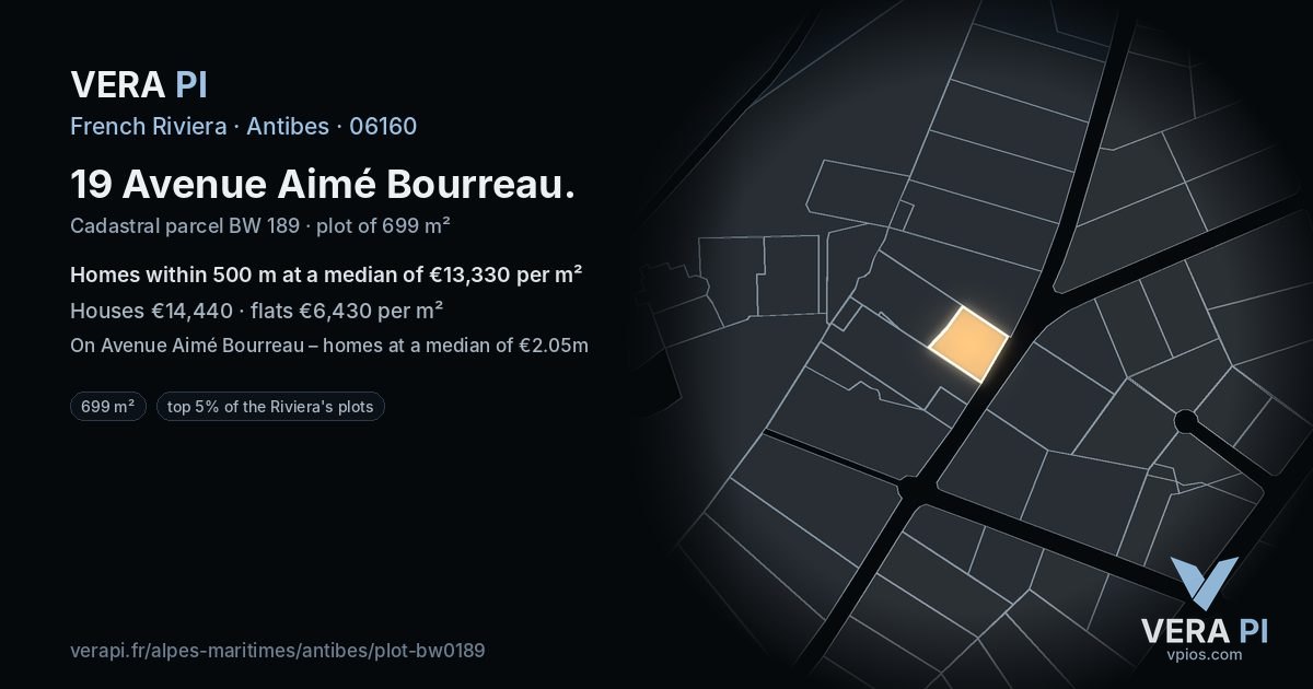 19 Avenue Aimé Bourreau, Antibes at night – the plot lit, the parcels around coloured by the prices near them