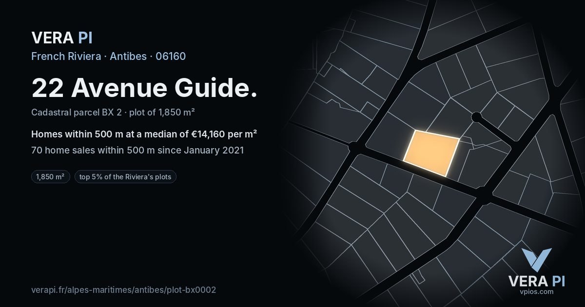 22 Avenue Guide, Antibes at night – the plot lit, the parcels around coloured by the prices near them