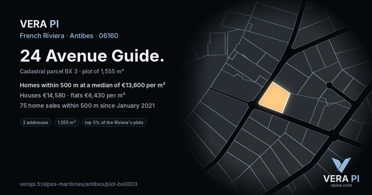 24 Avenue Guide, Antibes at night – the plot lit, the parcels around coloured by the prices near them