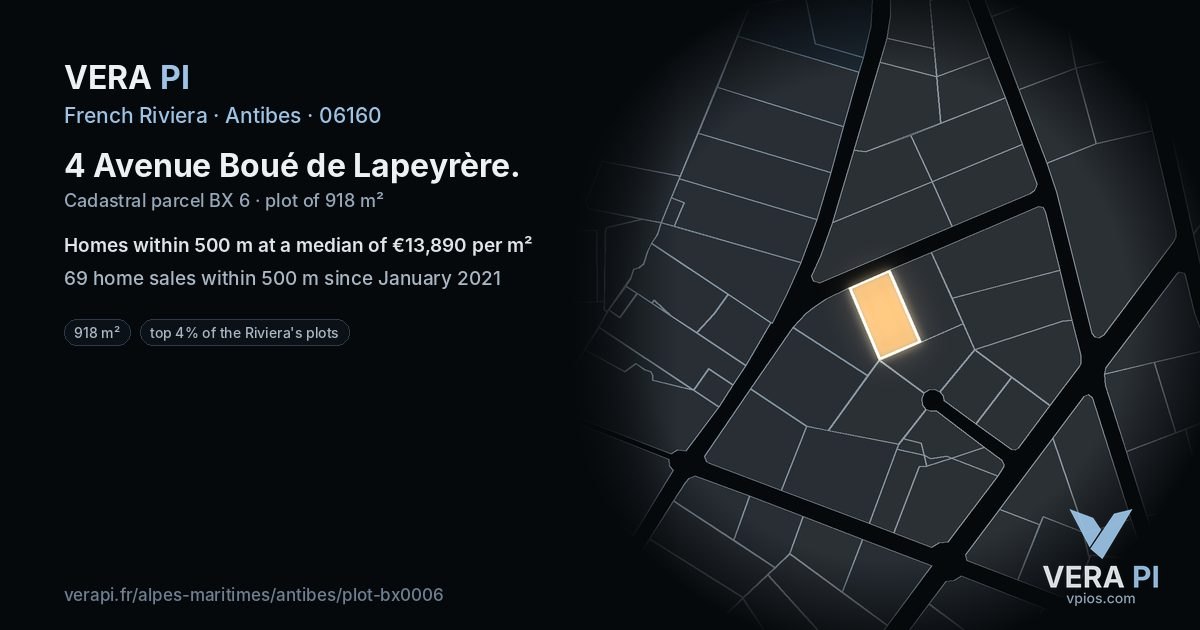 4 Avenue Boué de Lapeyrère, Antibes at night – the plot lit, the parcels around coloured by the prices near them