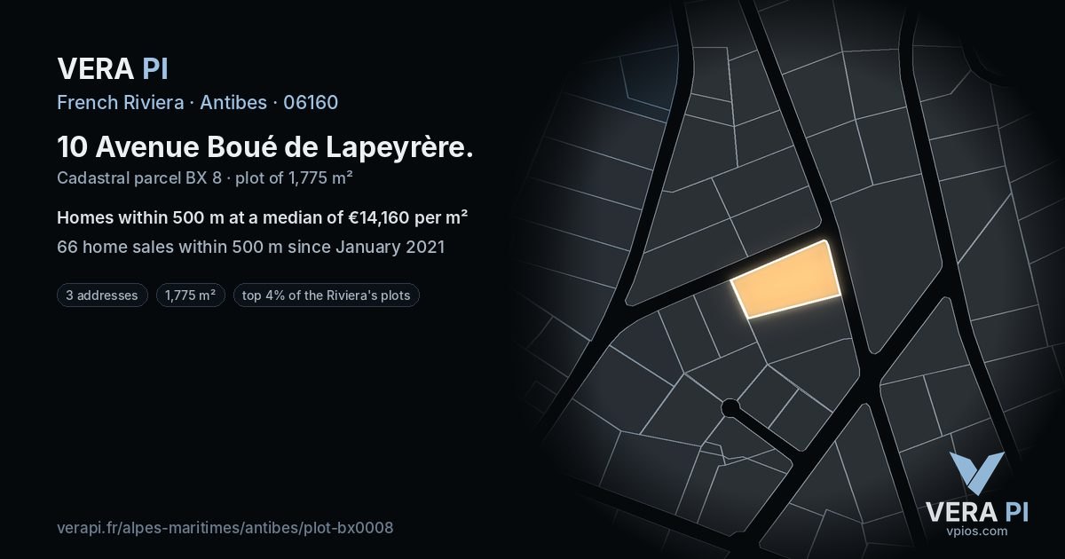 10 Avenue Boué de Lapeyrère, Antibes at night – the plot lit, the parcels around coloured by the prices near them