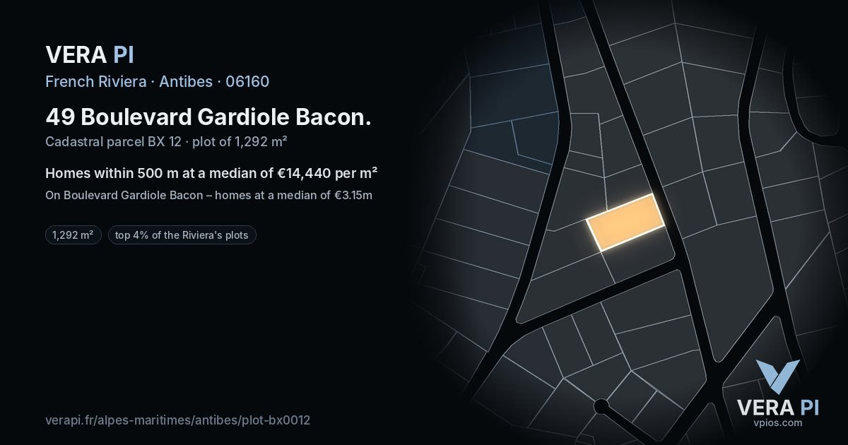 49 Boulevard Gardiole Bacon, Antibes at night – the plot lit, the parcels around coloured by the prices near them