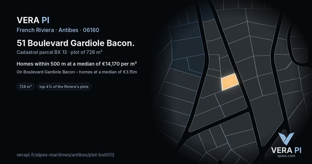 51 Boulevard Gardiole Bacon, Antibes at night – the plot lit, the parcels around coloured by the prices near them