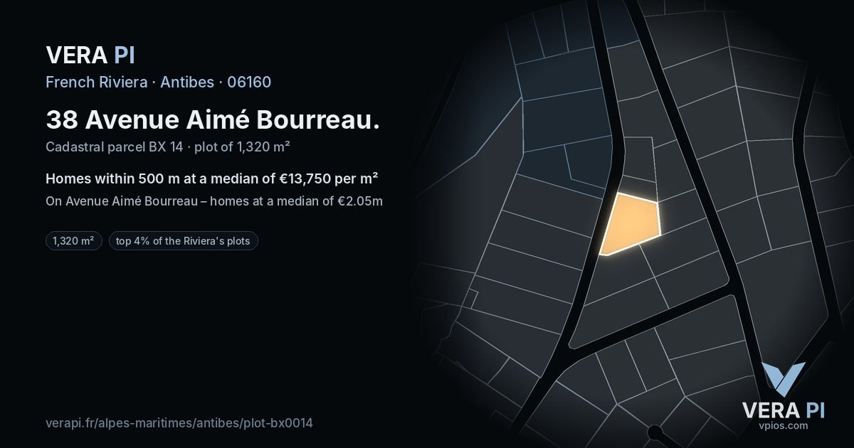 38 Avenue Aimé Bourreau, Antibes at night – the plot lit, the parcels around coloured by the prices near them