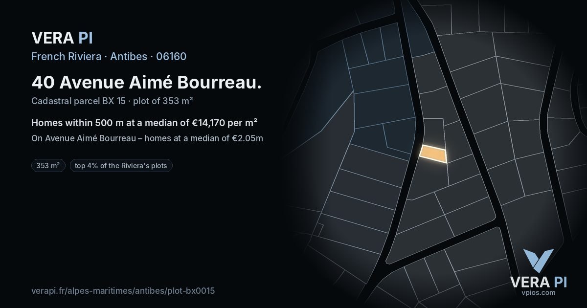 40 Avenue Aimé Bourreau, Antibes at night – the plot lit, the parcels around coloured by the prices near them