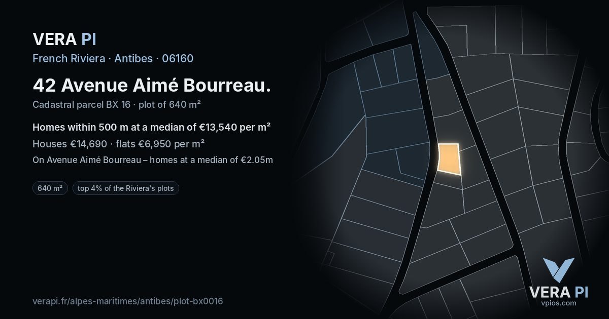42 Avenue Aimé Bourreau, Antibes at night – the plot lit, the parcels around coloured by the prices near them