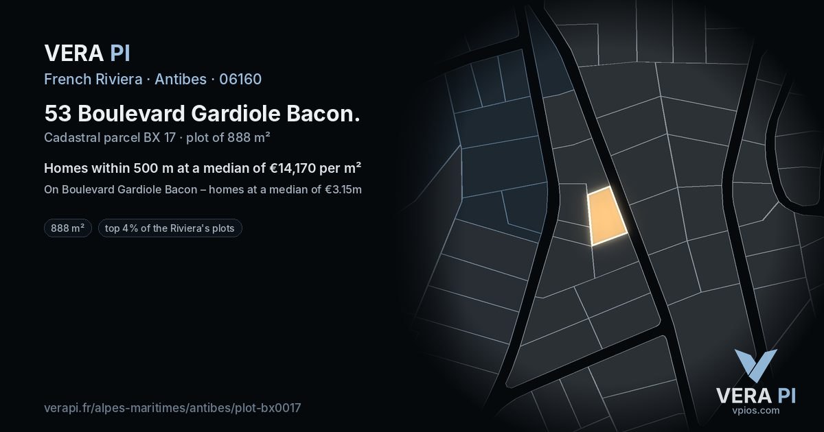 53 Boulevard Gardiole Bacon, Antibes at night – the plot lit, the parcels around coloured by the prices near them
