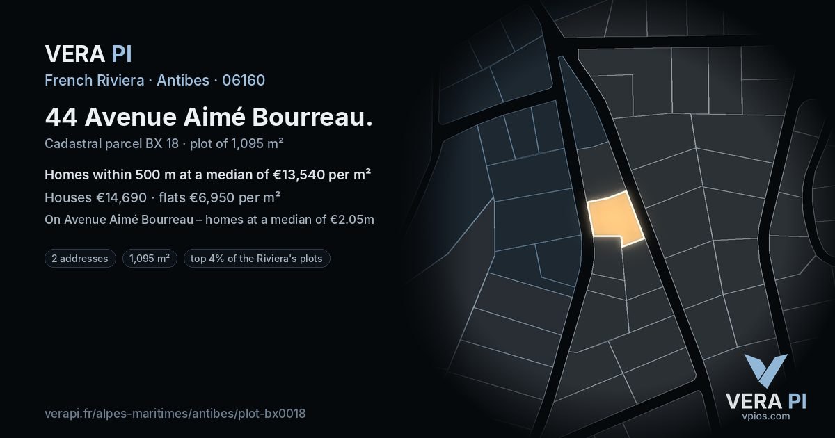44 Avenue Aimé Bourreau, Antibes at night – the plot lit, the parcels around coloured by the prices near them