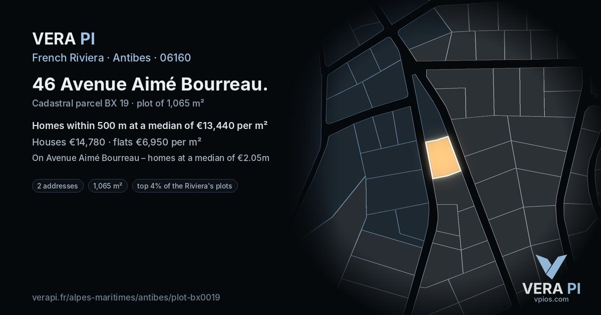 46 Avenue Aimé Bourreau, Antibes at night – the plot lit, the parcels around coloured by the prices near them