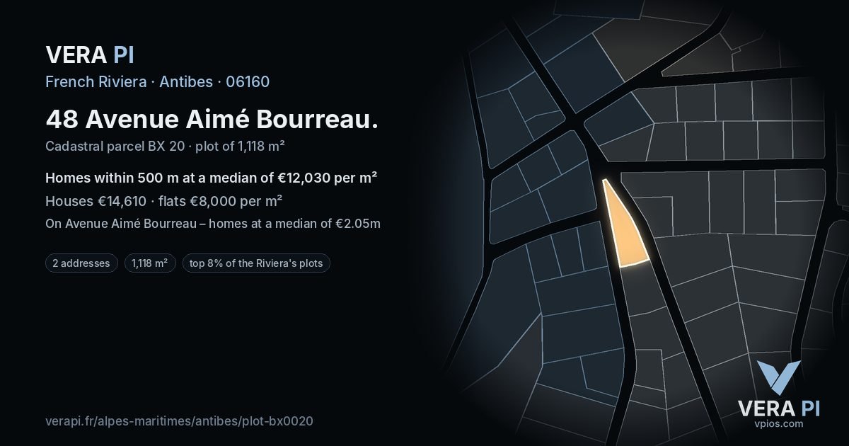 48 Avenue Aimé Bourreau, Antibes at night – the plot lit, the parcels around coloured by the prices near them