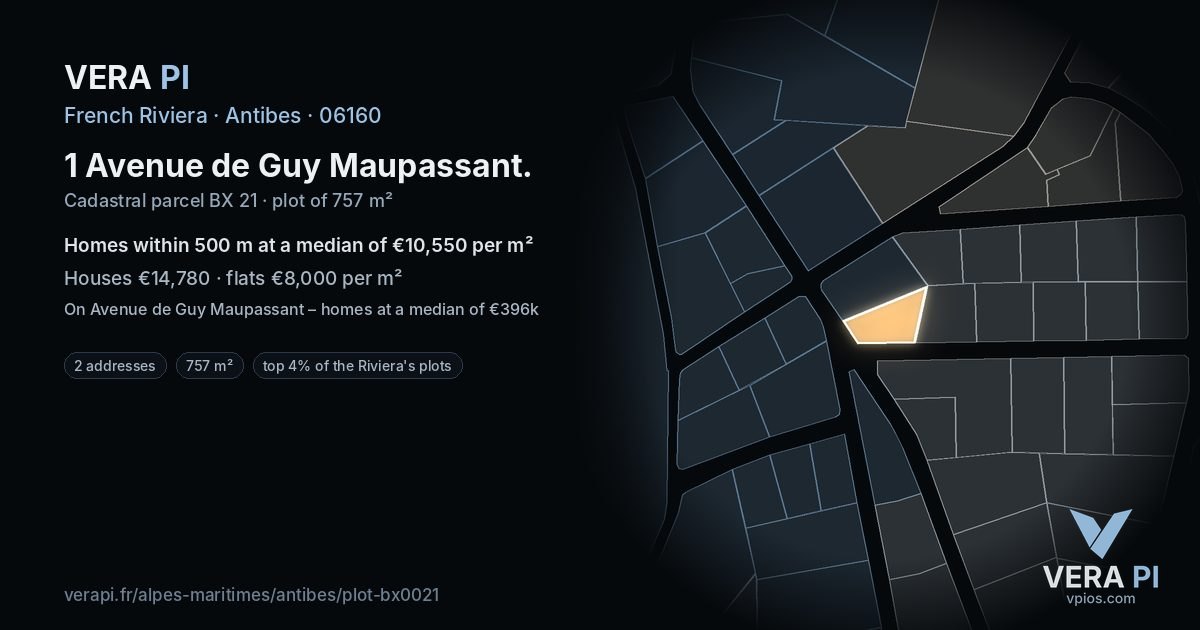 1 Avenue de Guy Maupassant, Antibes at night – the plot lit, the parcels around coloured by the prices near them