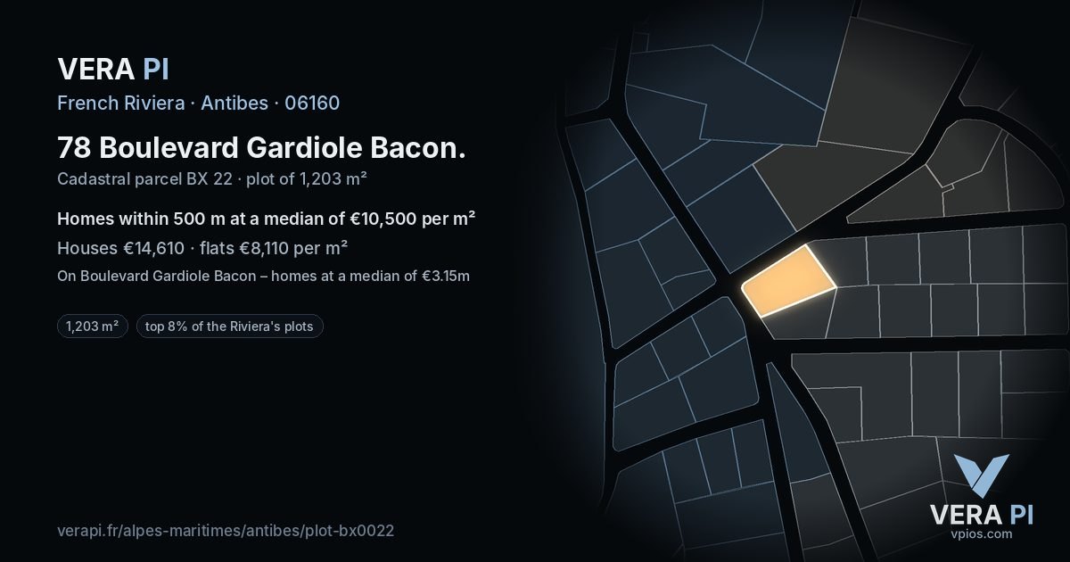 78 Boulevard Gardiole Bacon, Antibes at night – the plot lit, the parcels around coloured by the prices near them