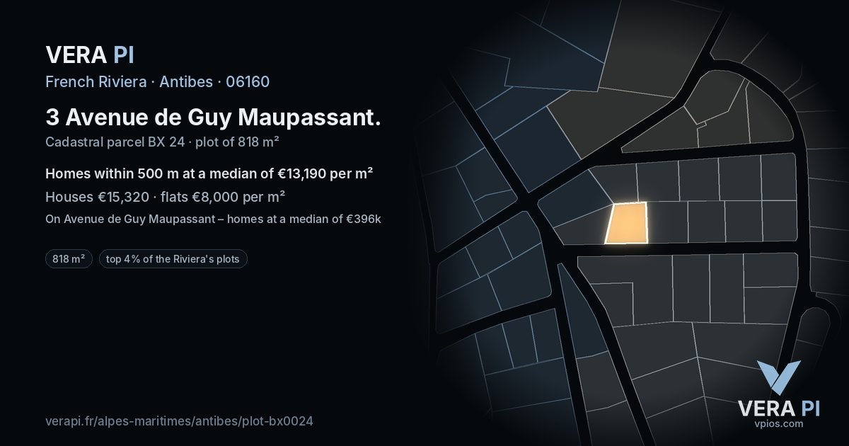 3 Avenue de Guy Maupassant, Antibes at night – the plot lit, the parcels around coloured by the prices near them