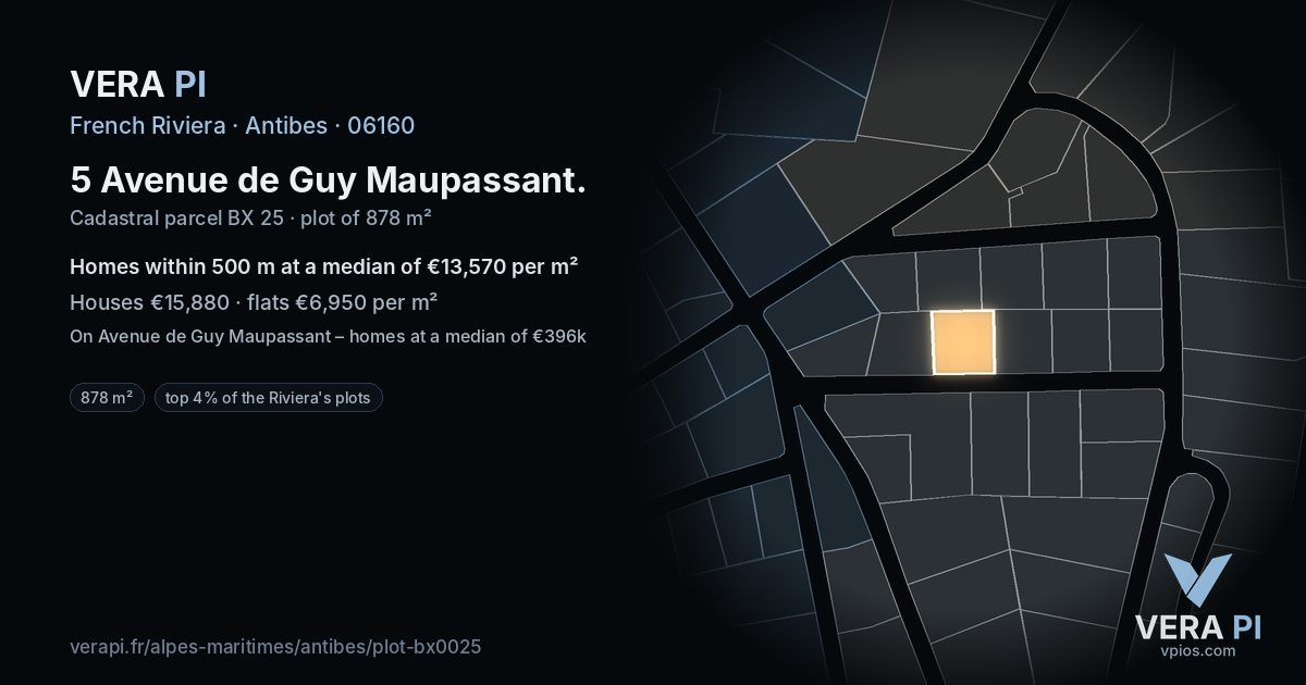 5 Avenue de Guy Maupassant, Antibes at night – the plot lit, the parcels around coloured by the prices near them