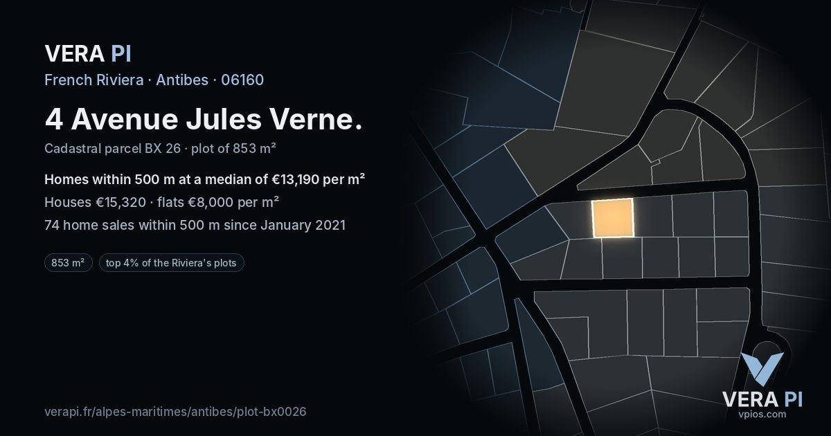 4 Avenue Jules Verne, Antibes at night – the plot lit, the parcels around coloured by the prices near them