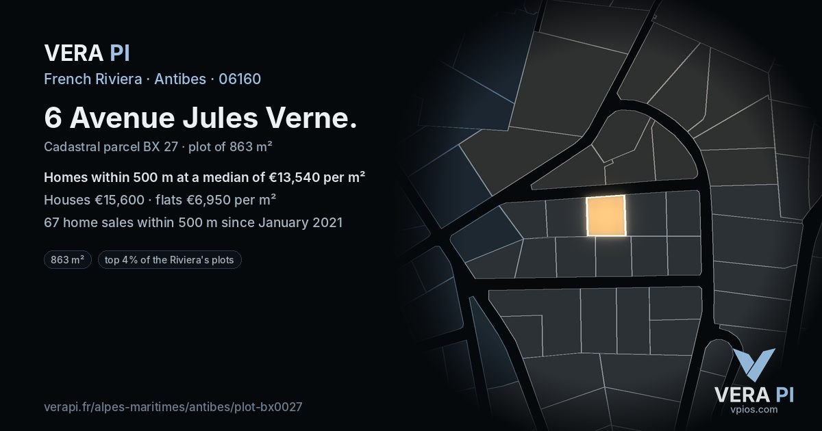 6 Avenue Jules Verne, Antibes at night – the plot lit, the parcels around coloured by the prices near them