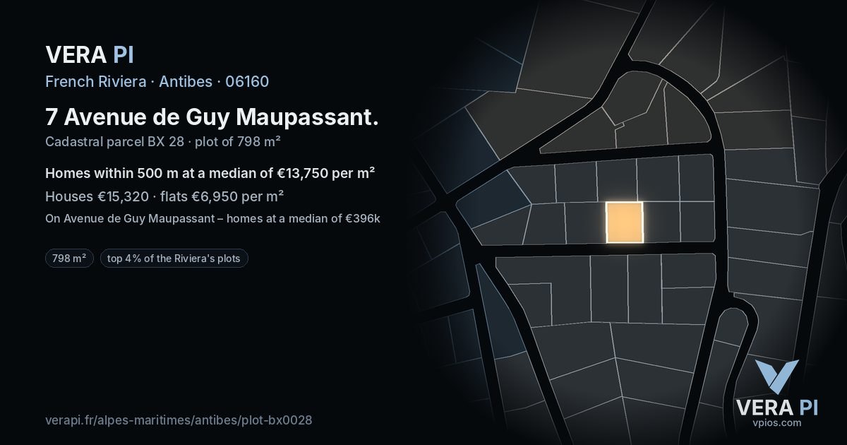 7 Avenue de Guy Maupassant, Antibes at night – the plot lit, the parcels around coloured by the prices near them