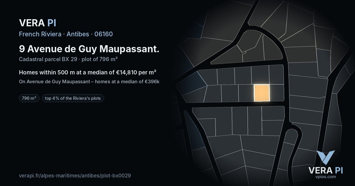 9 Avenue de Guy Maupassant, Antibes at night – the plot lit, the parcels around coloured by the prices near them