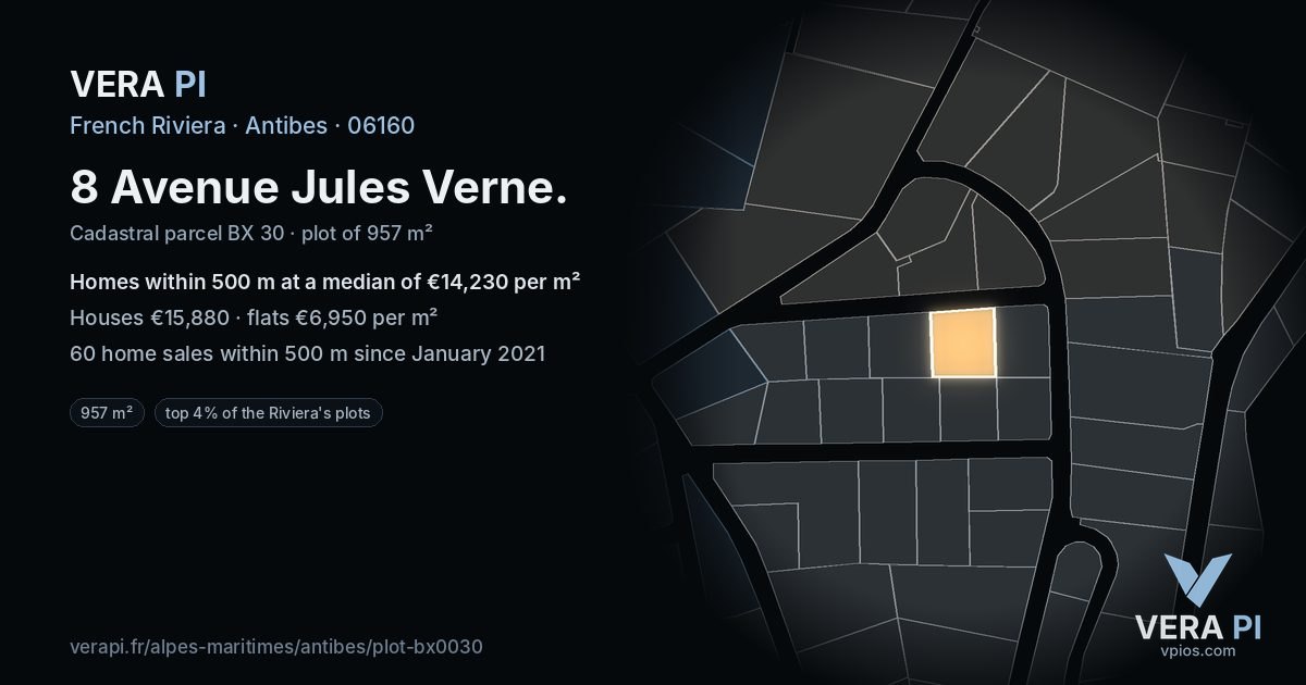 8 Avenue Jules Verne, Antibes at night – the plot lit, the parcels around coloured by the prices near them
