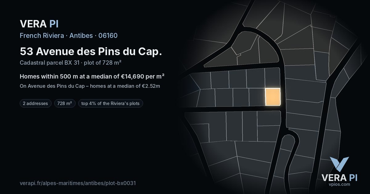 53 Avenue des Pins du Cap, Antibes at night – the plot lit, the parcels around coloured by the prices near them