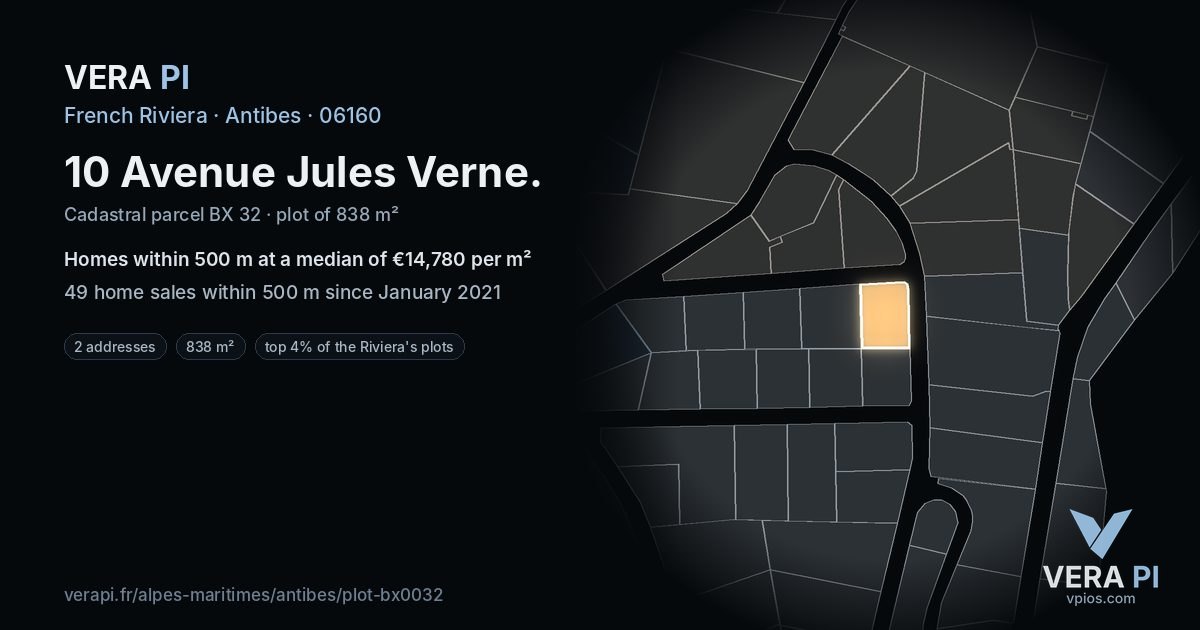 10 Avenue Jules Verne, Antibes at night – the plot lit, the parcels around coloured by the prices near them