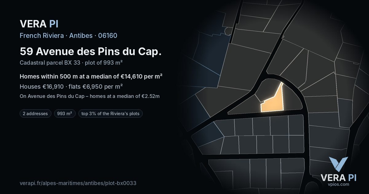 59 Avenue des Pins du Cap, Antibes at night – the plot lit, the parcels around coloured by the prices near them
