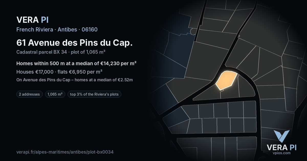 61 Avenue des Pins du Cap, Antibes at night – the plot lit, the parcels around coloured by the prices near them