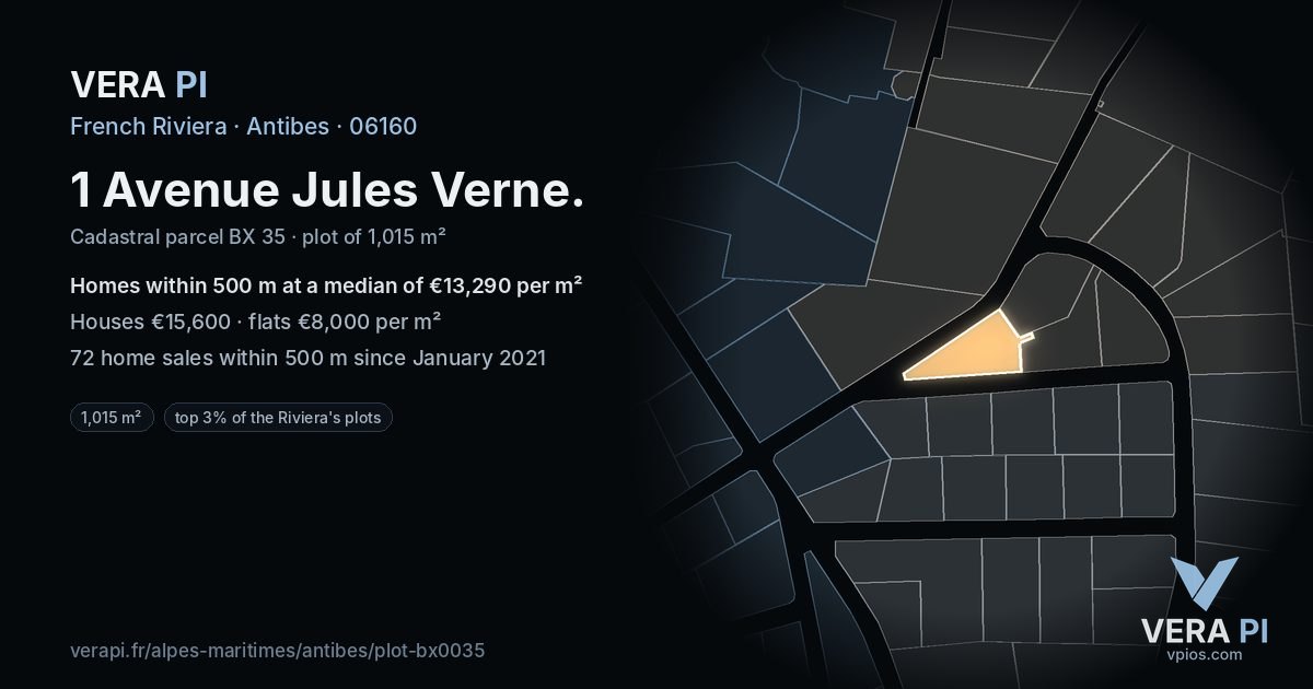 1 Avenue Jules Verne, Antibes at night – the plot lit, the parcels around coloured by the prices near them