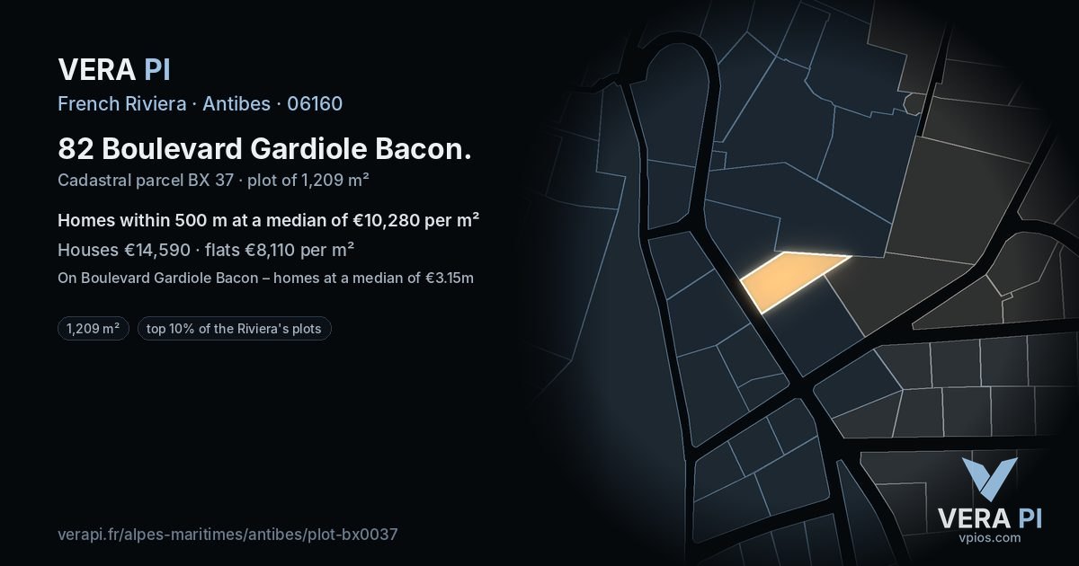82 Boulevard Gardiole Bacon, Antibes at night – the plot lit, the parcels around coloured by the prices near them