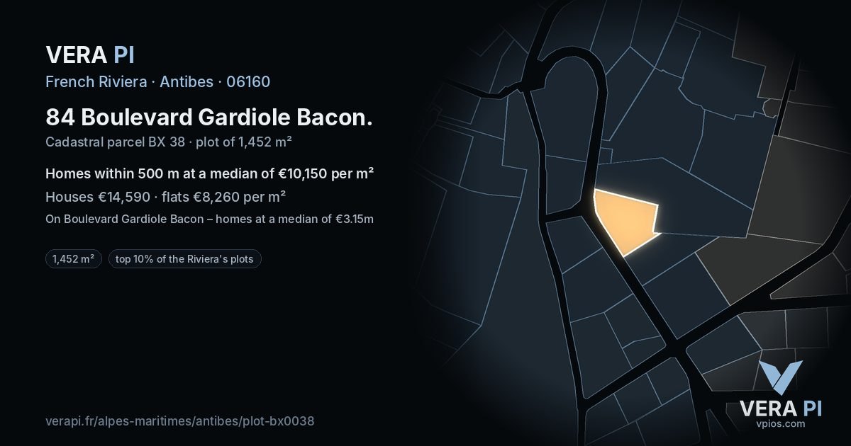 84 Boulevard Gardiole Bacon, Antibes at night – the plot lit, the parcels around coloured by the prices near them