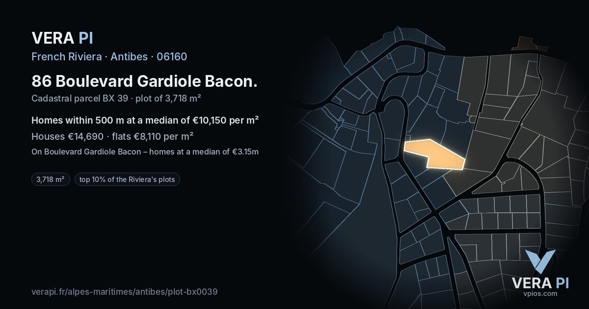 86 Boulevard Gardiole Bacon, Antibes at night – the plot lit, the parcels around coloured by the prices near them