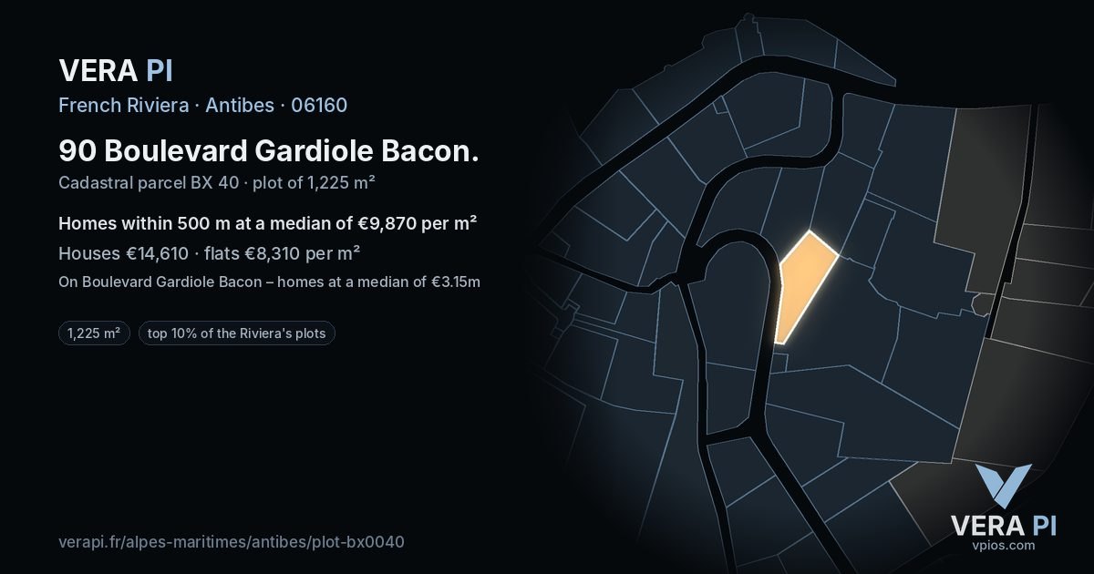 90 Boulevard Gardiole Bacon, Antibes at night – the plot lit, the parcels around coloured by the prices near them
