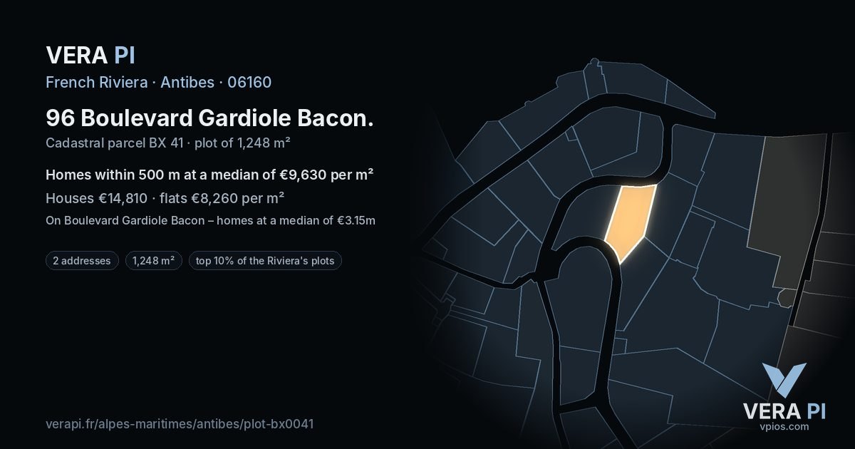 96 Boulevard Gardiole Bacon, Antibes at night – the plot lit, the parcels around coloured by the prices near them