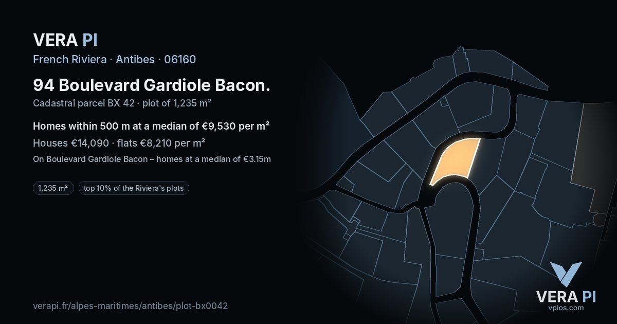 94 Boulevard Gardiole Bacon, Antibes at night – the plot lit, the parcels around coloured by the prices near them