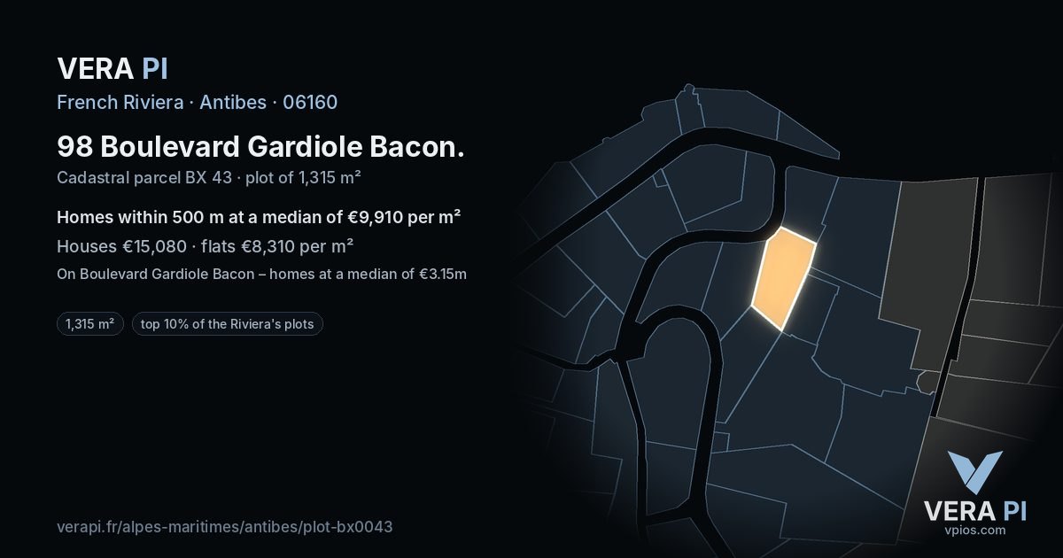 98 Boulevard Gardiole Bacon, Antibes at night – the plot lit, the parcels around coloured by the prices near them