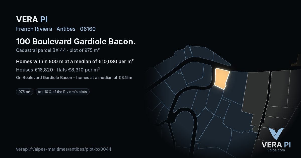 100 Boulevard Gardiole Bacon, Antibes at night – the plot lit, the parcels around coloured by the prices near them