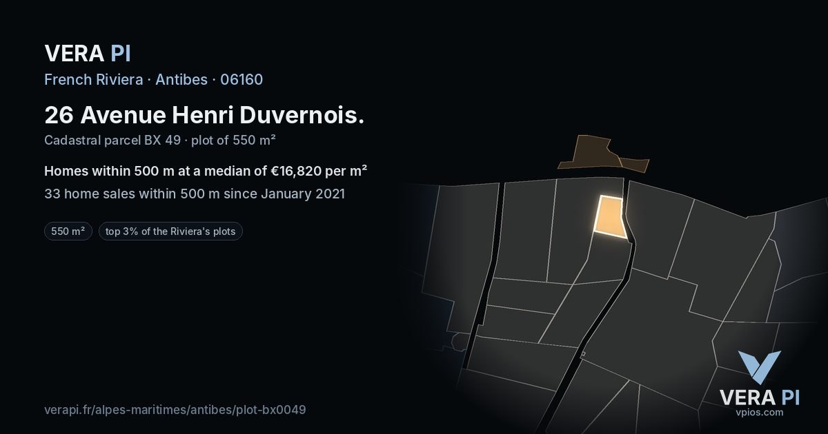 26 Avenue Henri Duvernois, Antibes at night – the plot lit, the parcels around coloured by the prices near them
