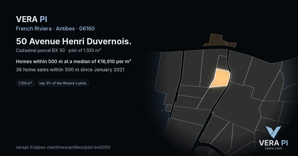 50 Avenue Henri Duvernois, Antibes at night – the plot lit, the parcels around coloured by the prices near them