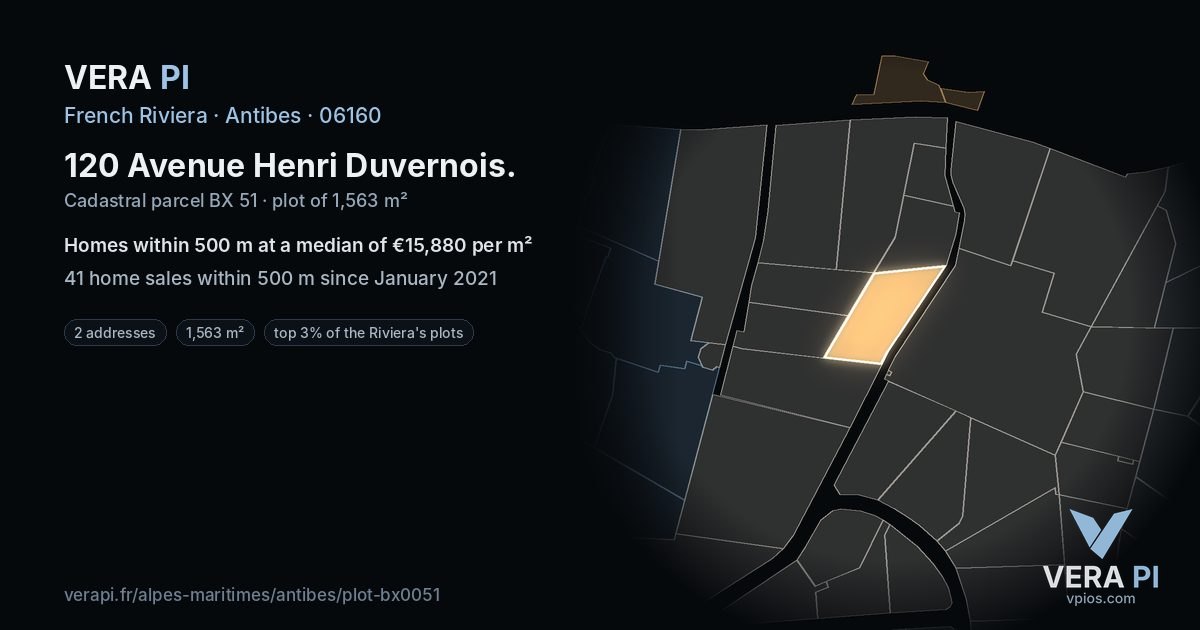 120 Avenue Henri Duvernois, Antibes at night – the plot lit, the parcels around coloured by the prices near them