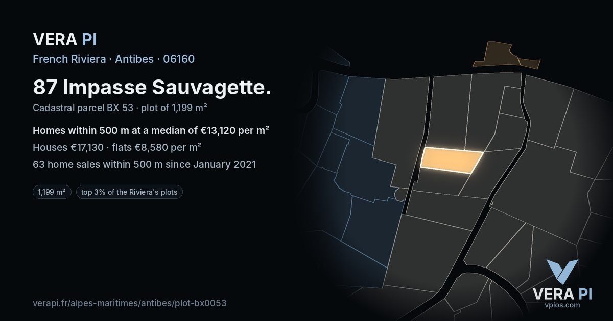 87 Impasse Sauvagette, Antibes at night – the plot lit, the parcels around coloured by the prices near them