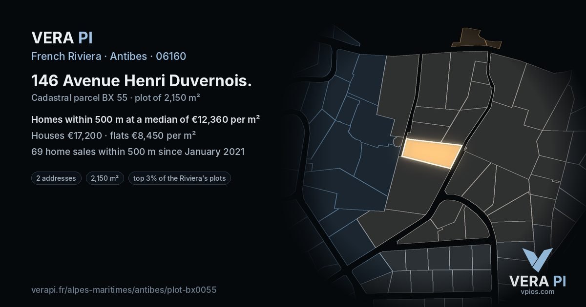 146 Avenue Henri Duvernois, Antibes at night – the plot lit, the parcels around coloured by the prices near them