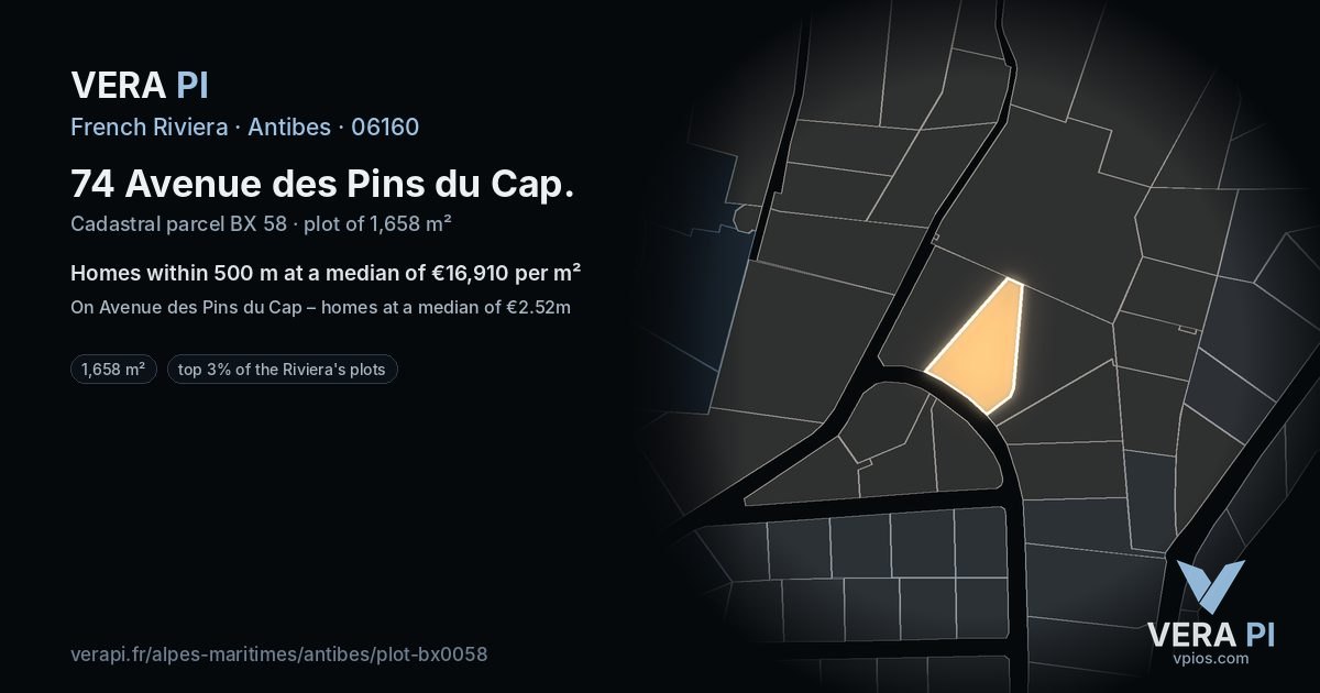 74 Avenue des Pins du Cap, Antibes at night – the plot lit, the parcels around coloured by the prices near them