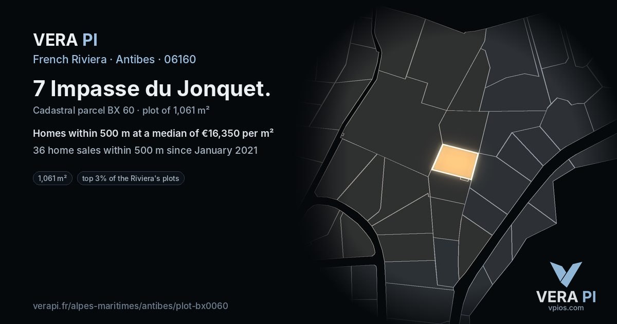 7 Impasse du Jonquet, Antibes at night – the plot lit, the parcels around coloured by the prices near them