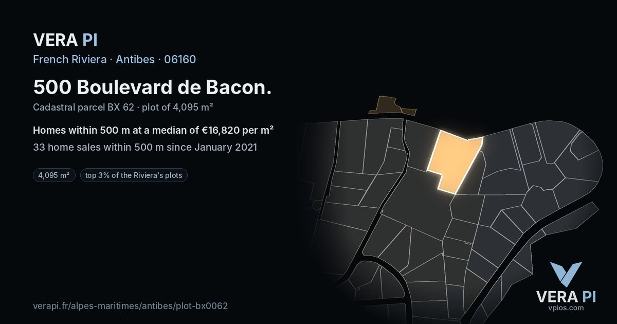 500 Boulevard de Bacon, Antibes at night – the plot lit, the parcels around coloured by the prices near them
