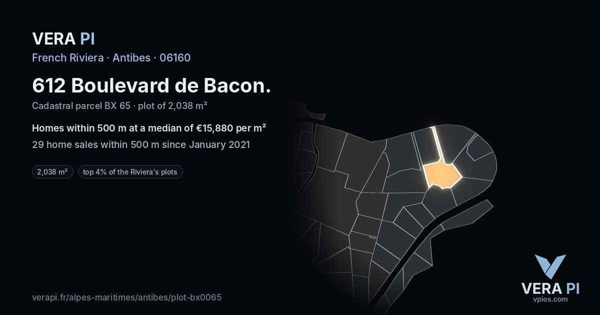 612 Boulevard de Bacon, Antibes at night – the plot lit, the parcels around coloured by the prices near them