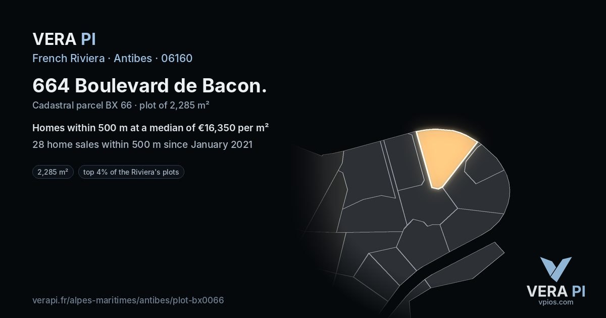 664 Boulevard de Bacon, Antibes at night – the plot lit, the parcels around coloured by the prices near them