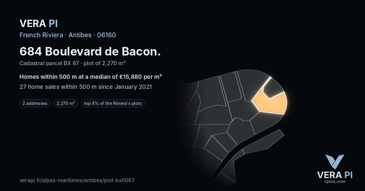 684 Boulevard de Bacon, Antibes at night – the plot lit, the parcels around coloured by the prices near them