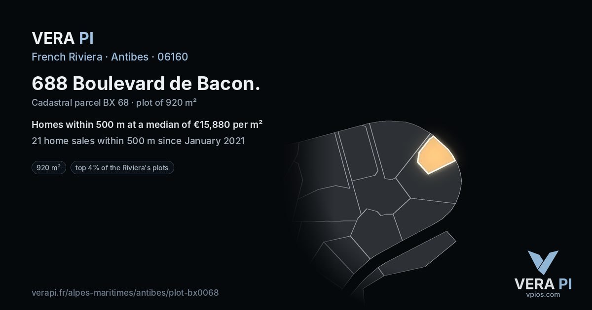 688 Boulevard de Bacon, Antibes at night – the plot lit, the parcels around coloured by the prices near them