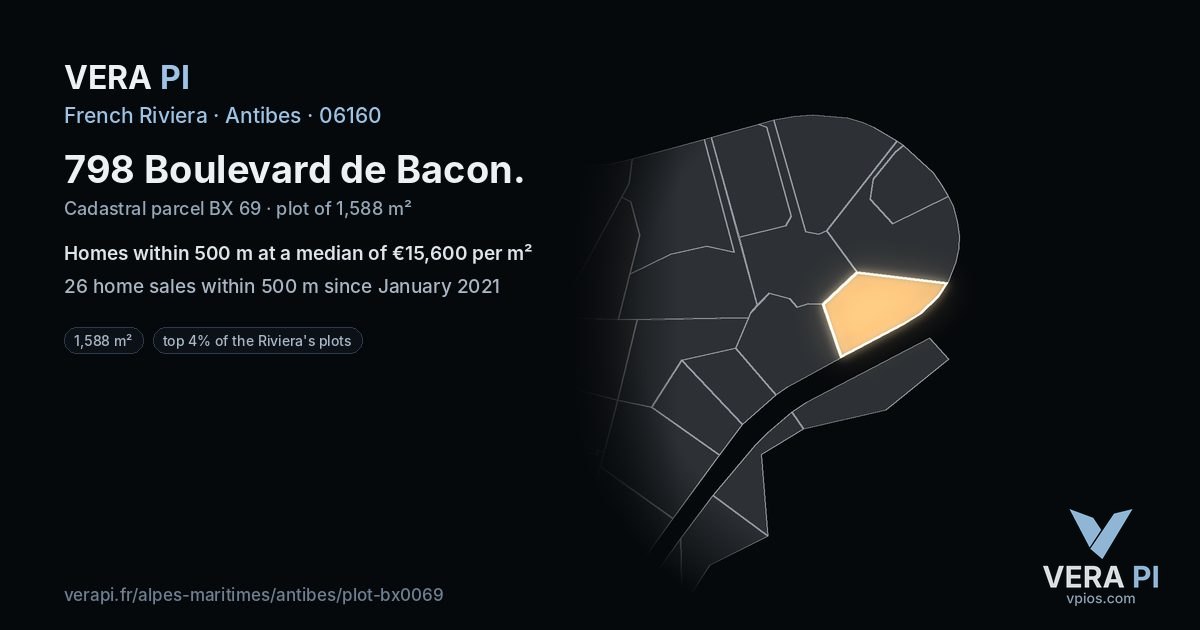 798 Boulevard de Bacon, Antibes at night – the plot lit, the parcels around coloured by the prices near them