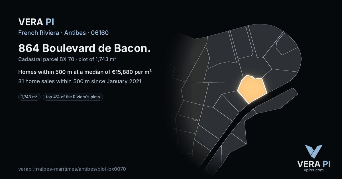 864 Boulevard de Bacon, Antibes at night – the plot lit, the parcels around coloured by the prices near them